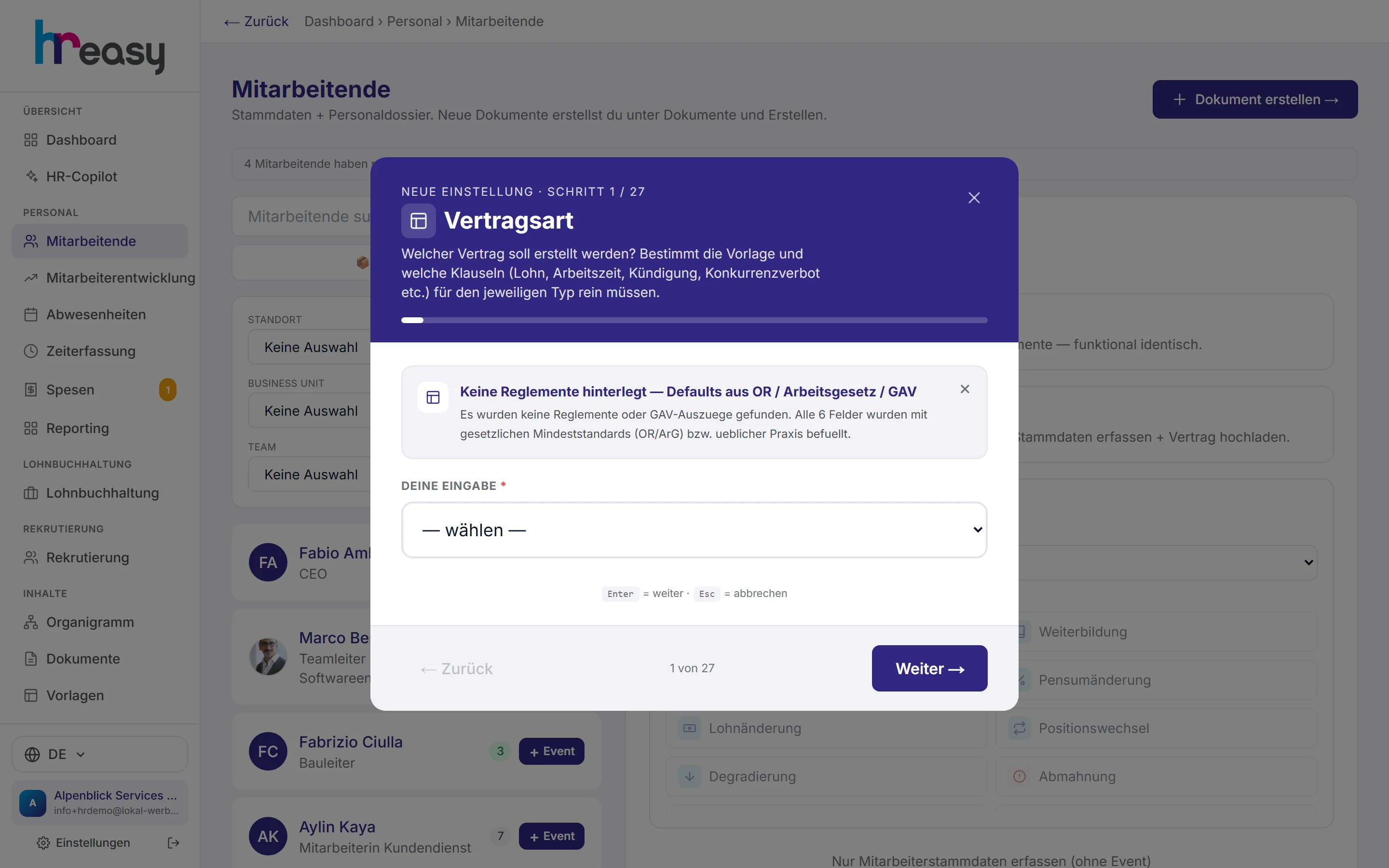Einstellungs-Assistent, Schritt Vertragsart, mit Hinweis auf fehlendes Reglement und Standards aus OR und GAV