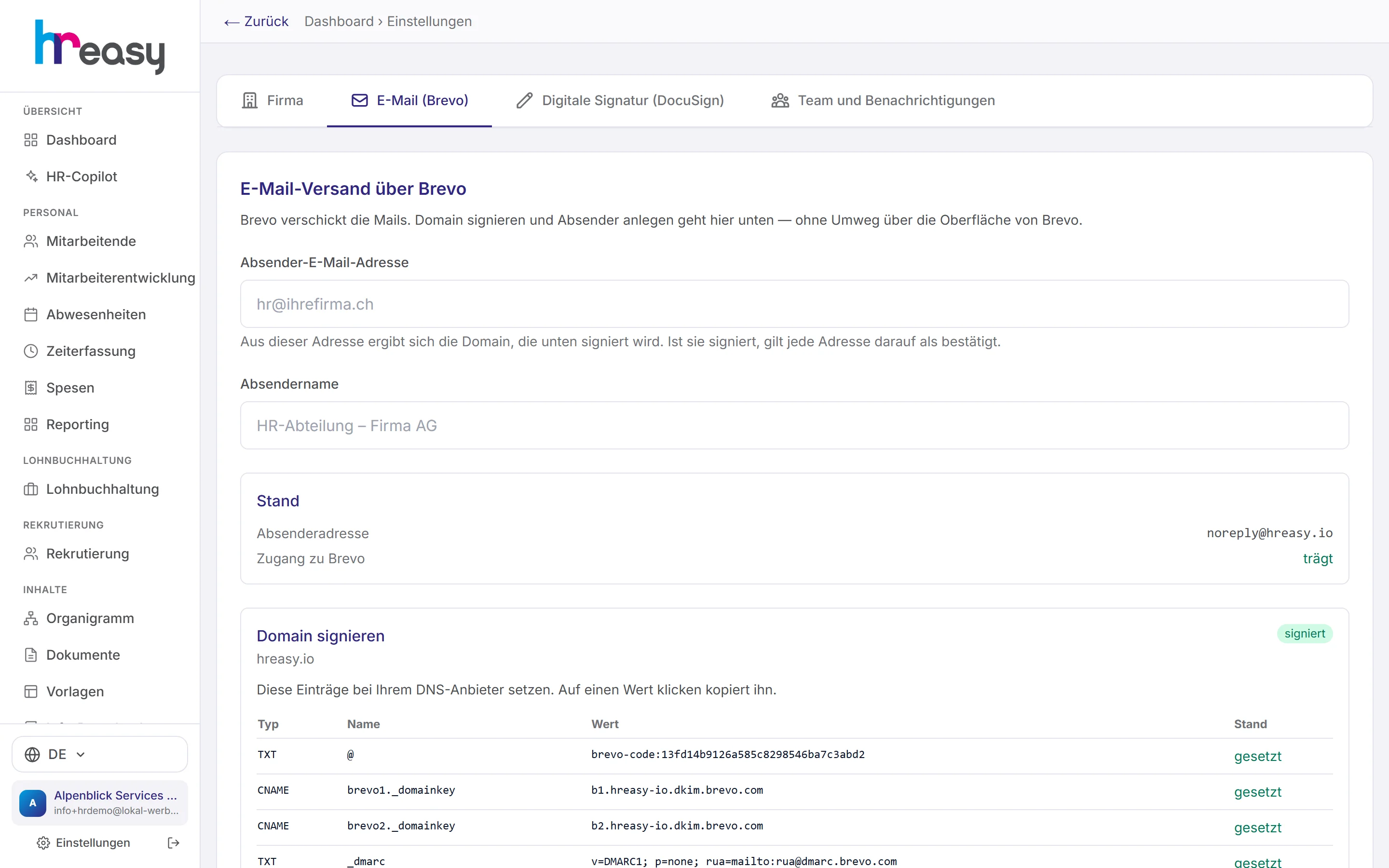 E-Mail tab with sender domain, DNS records for signing and test email