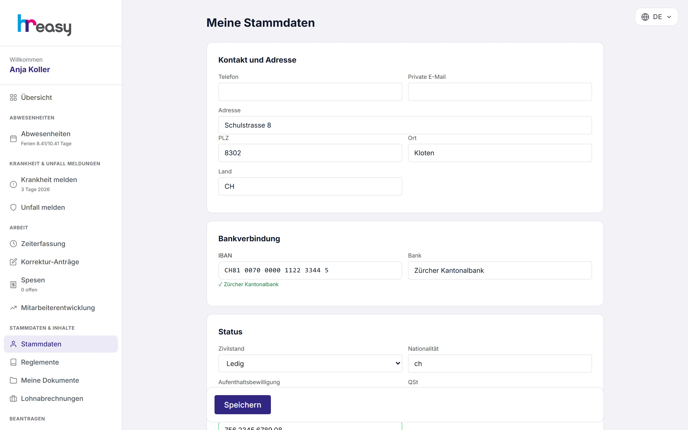 Master data in the employee portal with the two-factor authentication section